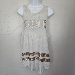 PINK Victoria's Secret Women's Small Grey Muscle Tank Top Rose Gold Sequin Bling